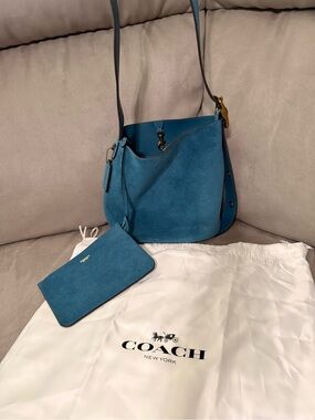 Coach Teal Suede Shoulder Bag with Detachable Pouch